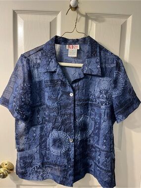 R&K Navy Blue Short-Sleeve Patterned Camp Shirt Jacket